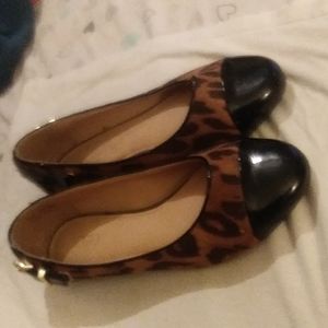 Cato Ballet Flats; Size 8W; Leopard Print; Black Cap Toe; Heel Buckle Straps